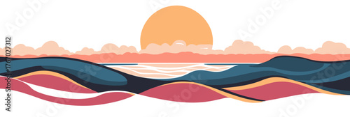 Minimalist abstract ocean sunset vector illustration with layered waves, rolling hills, clouds, and large sun in warm pastel tones flat design