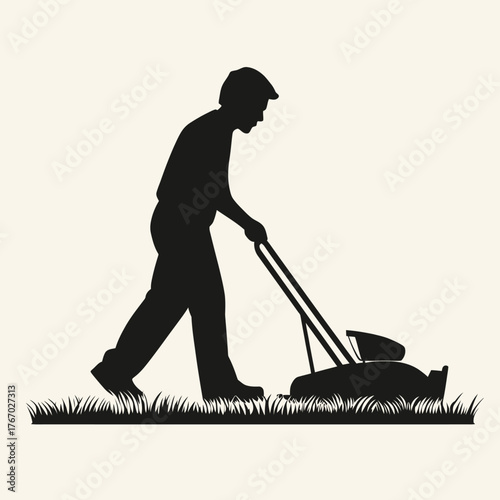 Silhouette of man pushing lawn mower cutting grass outdoor gardening yard work maintaining lawn vector illustration minimalist flat design