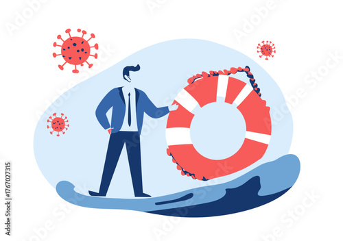 Businessman wearing face mask holding life buoy with coronavirus particles floating around, coronavirus crisis survival and protection concept flat vector illustration