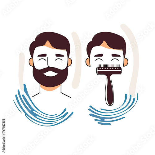 Flat minimalist vector illustration of man with full beard and beard trimmer grooming facial hair with clean style