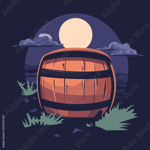 Wooden barrel with metal bands in grassy landscape under full moon and night sky minimal flat vector illustration