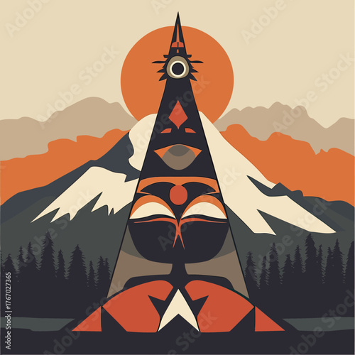 Stylized First Nation Totem Pole Illustration with Mountain Landscape and Setting Sun in Flat Minimalist Vector Art Style