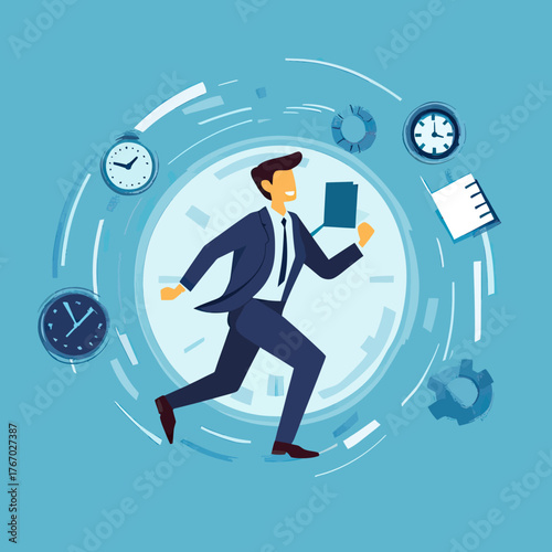 Businessman running with document against large clock background surrounded by floating clocks and office icons in flat vector style urgency concept