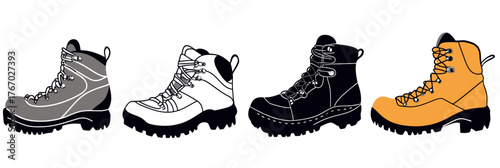 Set of four hiking boots in flat minimalist vector style featuring different colors black white grey and orange outdoor footwear design with rugged soles and laces