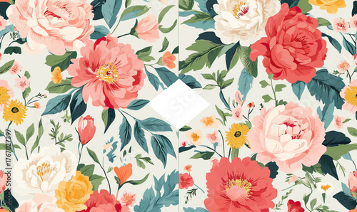 Seamless floral pattern with colorful peony and rose flowers, green leaves and wildflowers in vintage shabby chic style vector illustration background wallpaper design