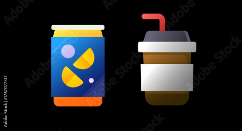 Vector illustration featuring two beverage icons – a bright orange soda can with geometric fruit design and a takeaway coffee cup with a red straw. Minimalist, modern, and colorful flat art style on a