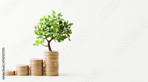 A businessman holding a coin with a tree that grows and a tree that grows on a pile of money. The idea of maximizing the profit from the business investment.