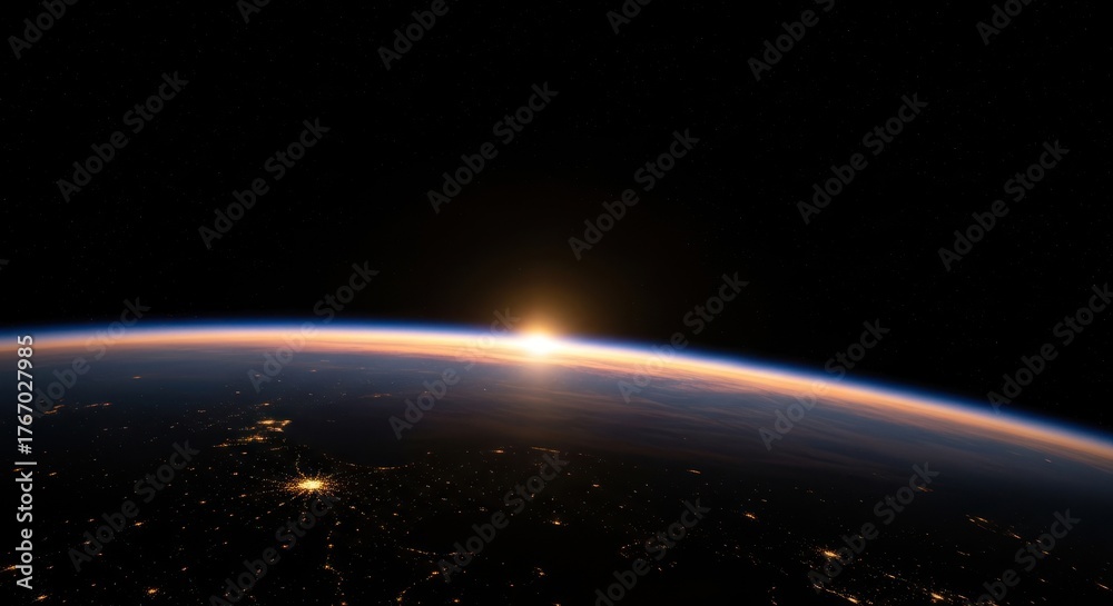 Fototapeta premium Sunrise viewed from orbit over illuminated Earth cities.