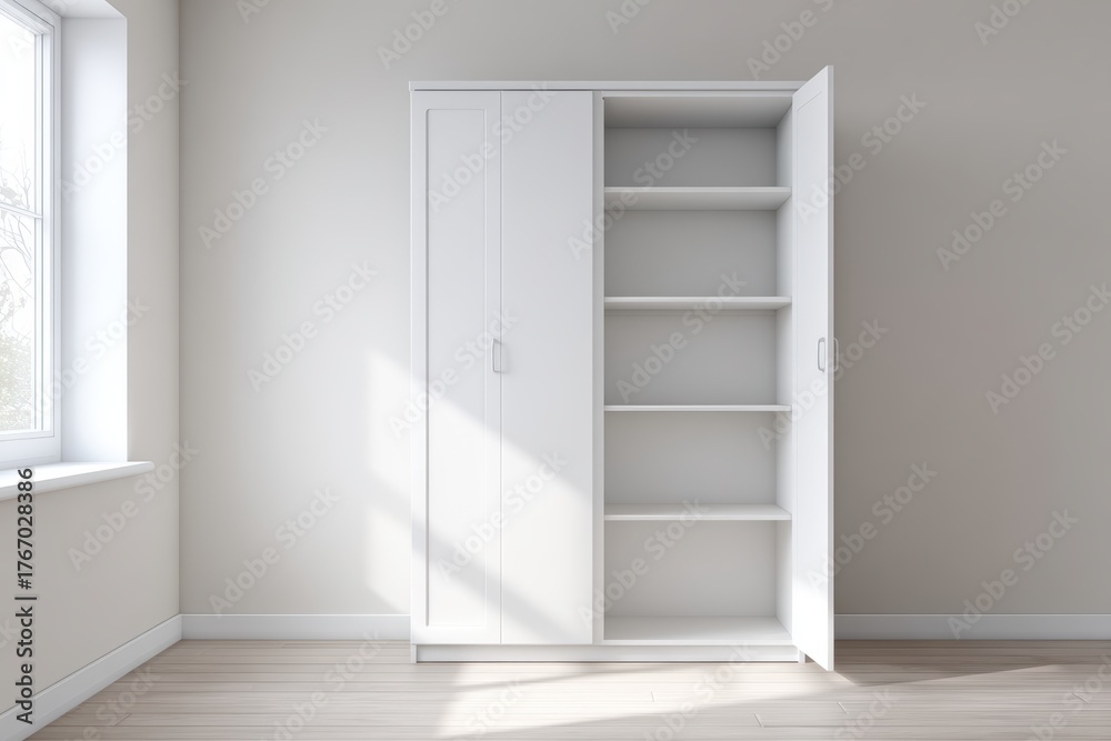 Fototapeta premium Modern white storage cabinet with open shelves and closed doors, positioned in a bright room with natural light streaming through the window, ideal for home organization and decor