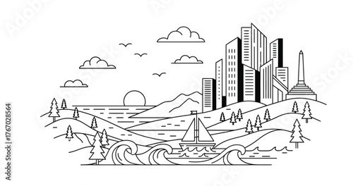 Stylized grand canyon landscape illustration isolated on white background