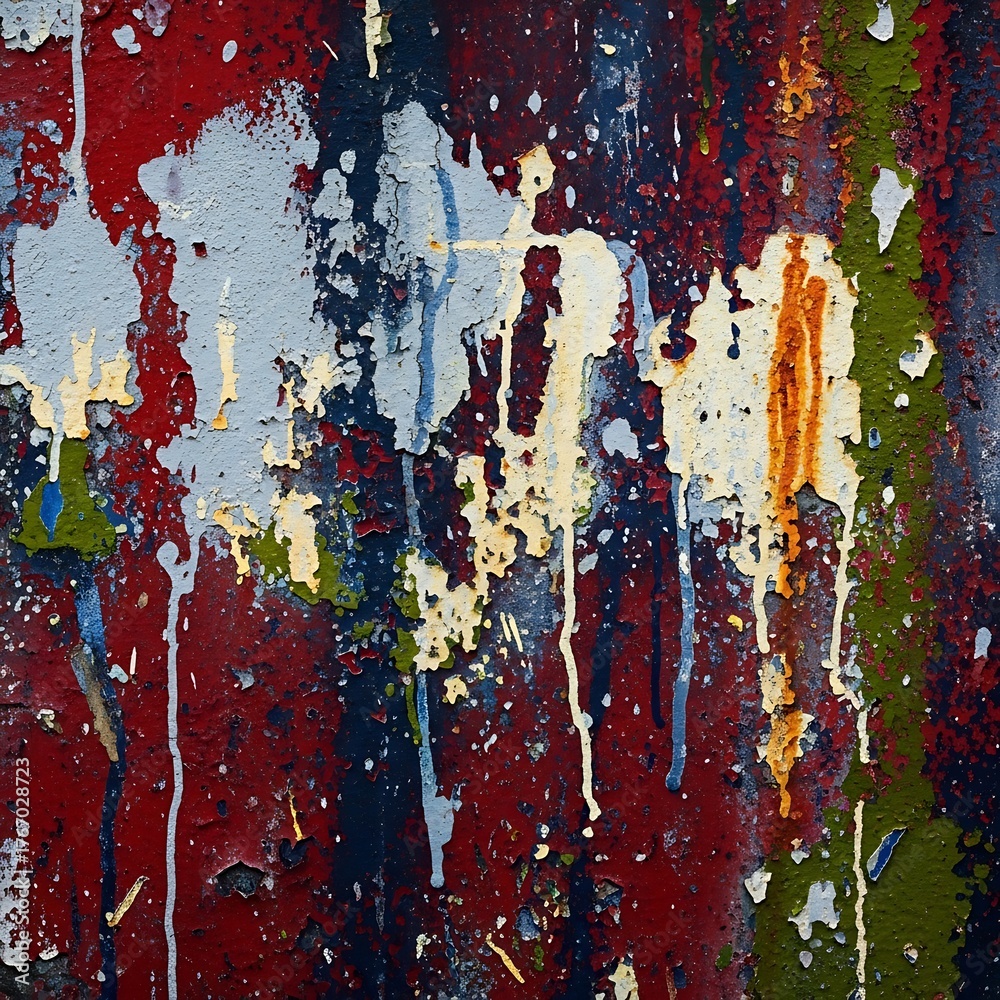 Fototapeta premium Abstract paint splatters and drips on a weathered, textured surface.
