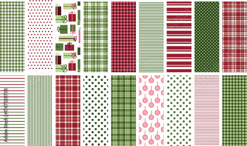 Red and green Christmas seamless pattern set for digital paper, scrapbooking, fabric, gift wrap, backgrounds, borders and more. Gifts, ornaments, polka dot, plaid, stripe, and gingham prints.