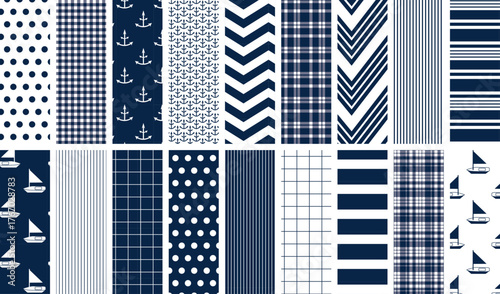 Navy and white nautical seamless pattern set for digital paper, scrapbooking, fabric, gift wrap, backgrounds, borders and more. Anchors, sailboats, stripes, plaids, polka dots and chevron prints.