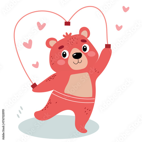 Cute red bear happily jumping rope with hearts