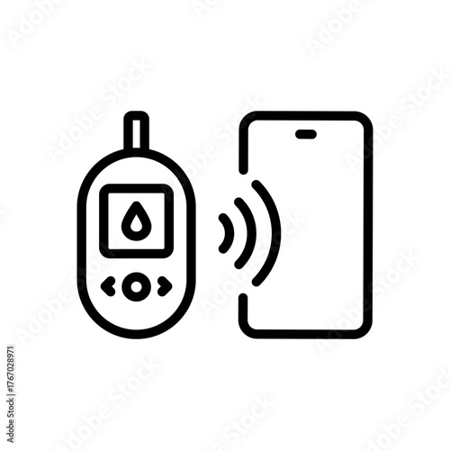 Smartphone blood glucose meter with mobile app. Blood sugar monitoring system outline icon isolated on white background flat vector illustration.