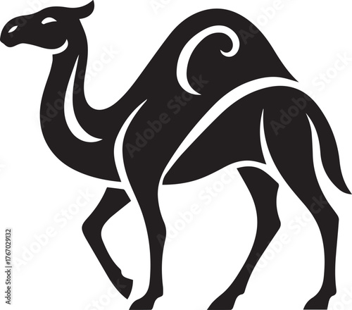 Elegant black and white illustration of a camel in a side profile