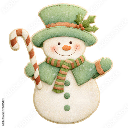 Cute smiling snowman in green hat and scarf holding candy cane, felt texture Christmas decoration character, festive winter holiday illustration for greeting cards, crafts, and seasonal vector design