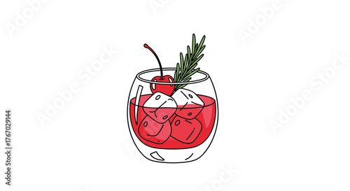 A clear glass filled with a red drink, ice cubes, a cherry, and a sprig of rosemary.