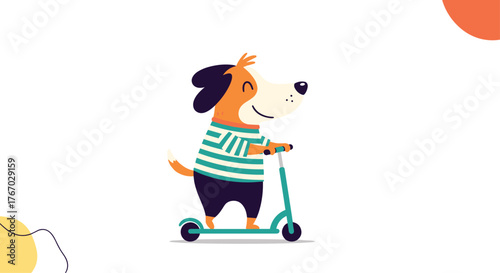 Cute cartoon dog wearing a striped shirt riding a teal kick scooter.