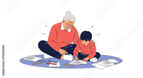 Grandmother helping her grandson with homework, both sitting on the floor surrounded by papers.