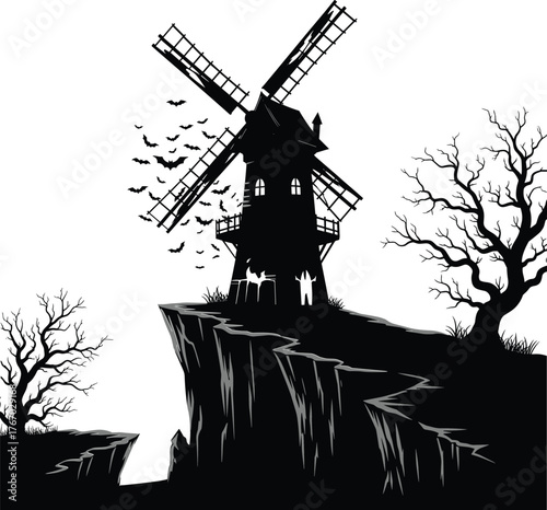 Silhouette of a spooky windmill perched precariously on a cliff edge with bare trees and flying bats