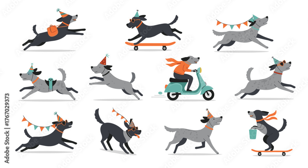 Fototapeta premium Playful dogs in party hats celebrate with various activities like skateboarding and riding scooters.