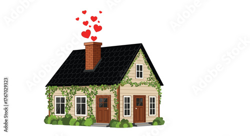 Charming house with climbing vines and red hearts emanating from the chimney.