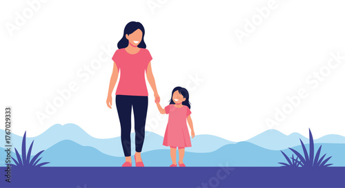 A mother and daughter walk hand in hand across a landscape with rolling blue hills and grass.