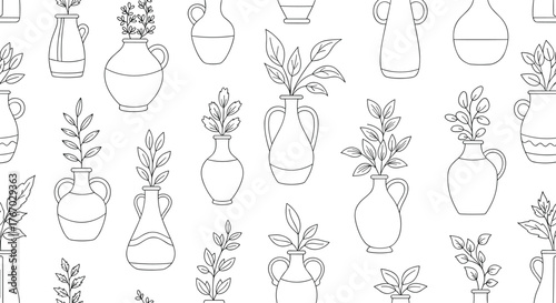 Seamless pattern of various outline vases with plants and leaves.