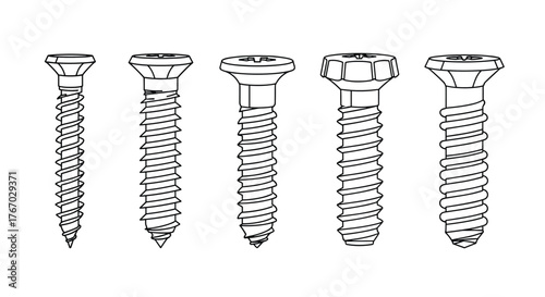 Line art illustration of five different types of screws with threaded shafts and varied heads.