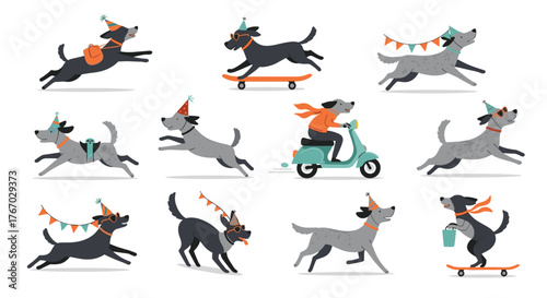 Playful dogs in party hats celebrate with various activities like skateboarding and riding scooters.