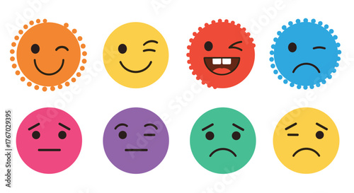 Collection of eight colorful emoticons showing various expressions like happiness, sadness, and surprise.