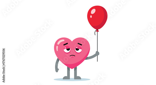 Sad pink heart character holding a red balloon with a droopy expression.
