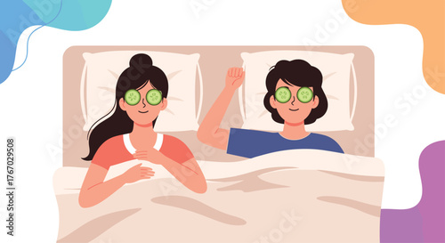 Couple relaxing in bed with cucumber slices on their eyes for a spa treatment.