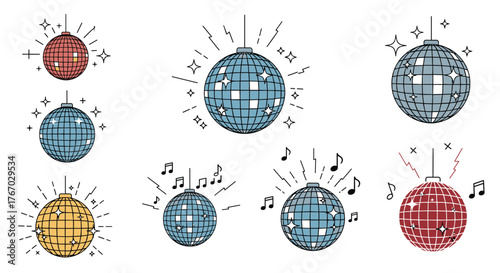 Collection of colorful disco balls with radiating light and musical notes.