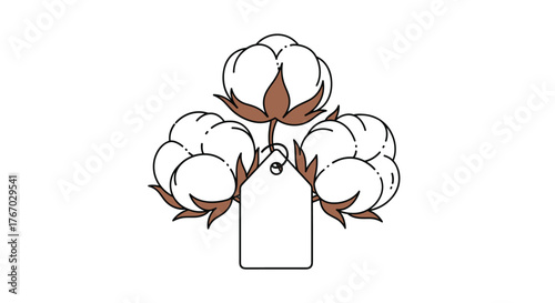 Illustration of three fluffy cotton bolls with a blank price tag hanging from the center one.