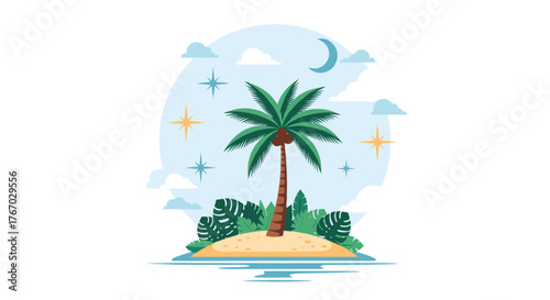 Stylized island with a palm tree, crescent moon, and stars at night.