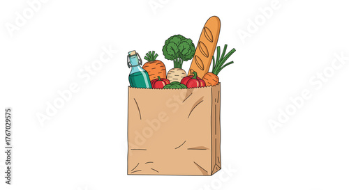 Paper grocery bag filled with fresh vegetables and a baguette.