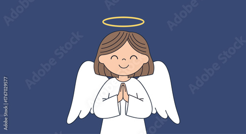 Cute cartoon angel with halo and wings praying with closed eyes and a smile.