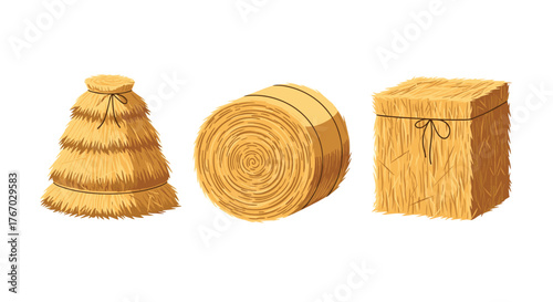 Three cartoon bales of hay in different shapes: conical, round, and square.