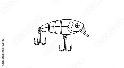 Outline drawing of a segmented fishing lure with treble hooks and a lip.