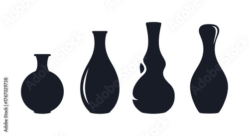 Four dark silhouettes of decorative vases of various shapes and sizes on a white background.