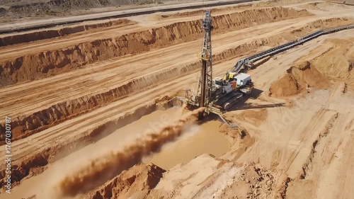 A powerful drilling rig bores deep into the ground, sending muddy water and soil flying as it forms an artesian well.
