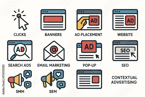 colorful flat icons representing various aspects of digital marketing and advertising. A set of icons for website design or marketing materials.