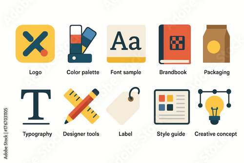 a set of flat colorful icons related to design and branding.