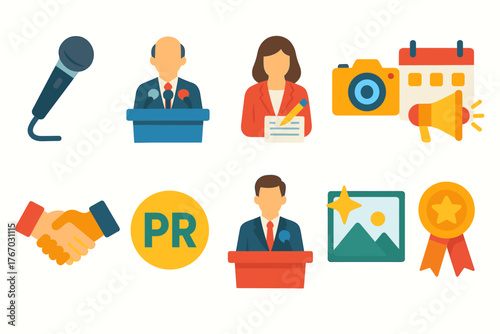 9 colorful flat  icons in color style. The theme focuses on communications, public speaking, and PR.