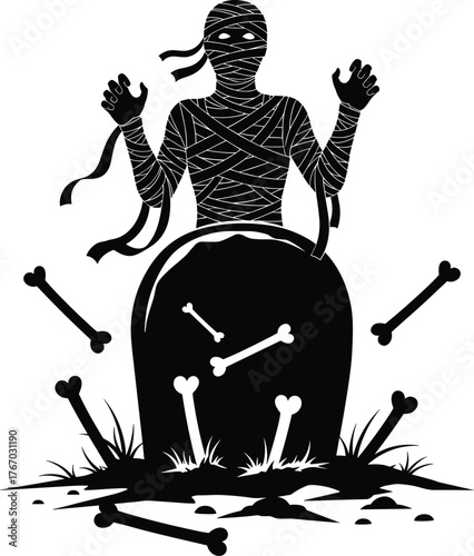 Silhouette of a terrifying mummy rising from a graveyard with scattered bones on halloween night