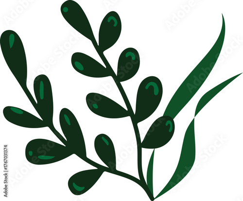 Flat plant leaves vector illustration. deep green leaves. hand drawn floral element art