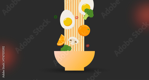 Modern vector illustration of a delicious noodle bowl with falling ingredients including boiled eggs, broccoli, orange slices, mushroom, and citrus elements, set against a dark background.