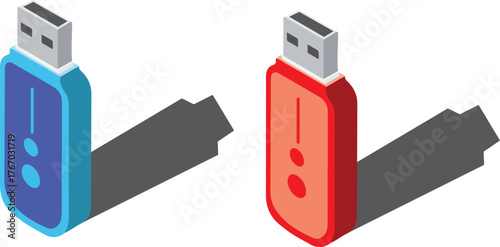 usb flash drive with shadow vector illustration design. blue and red pen drive. Usb external drive  in vertical position